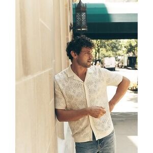 PacSun Mens Cream Geometric Pointelle Knit Short Sleeve Button Down Shirt Medium
